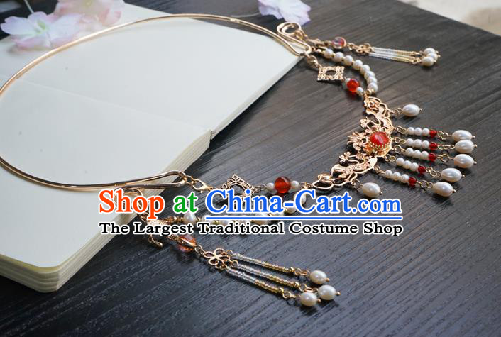 Chinese Handmade Hanfu Beads Tassel Necklace Classical Jewelry Accessories Ancient Princess Golden Necklet for Women