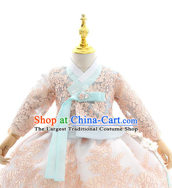 Asian Korea Court Girls Blue Lace Blouse and Dress Korean Kids Birthday Fashion Traditional Hanbok Apparels Costumes