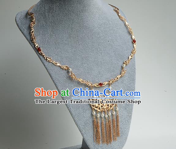 Chinese Handmade Hanfu Ming Dynasty Necklace Classical Jewelry Accessories Ancient Princess Golden Tassel Necklet for Women
