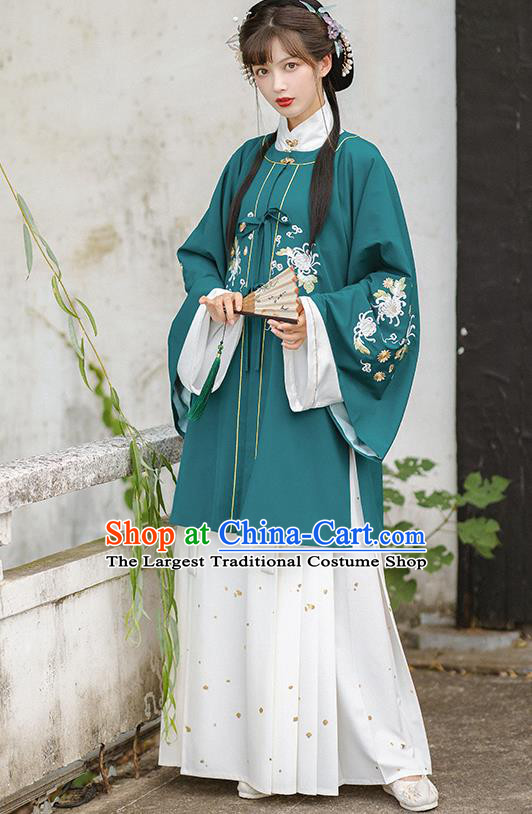 Traditional Chinese Ming Dynasty Patrician Female Costumes Hanfu Apparels Ancient Nobility Lady Green Blouse and Skirt Complete Set