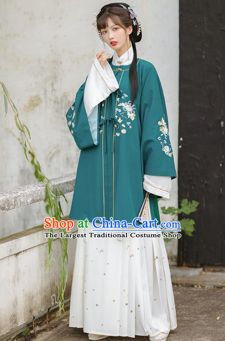 Traditional Chinese Ming Dynasty Patrician Female Costumes Hanfu Apparels Ancient Nobility Lady Green Blouse and Skirt Complete Set