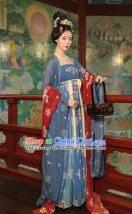 Chinese Tang Dynasty Imperial Concubine Costumes Ancient Court Woman Blue Cape and Dress Traditional Hanfu Apparels