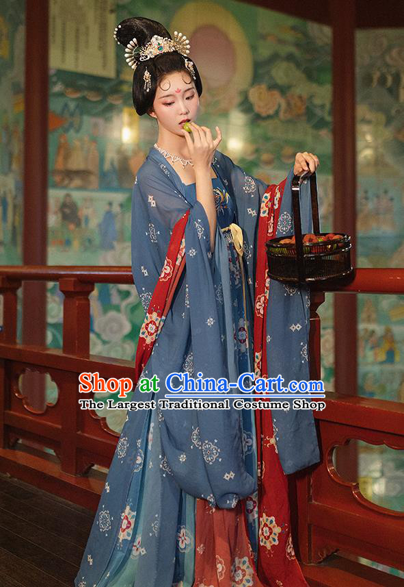 Chinese Tang Dynasty Imperial Concubine Costumes Ancient Court Woman Blue Cape and Dress Traditional Hanfu Apparels