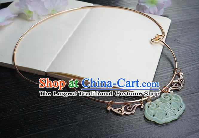 Chinese Handmade Hanfu Ming Dynasty Jade Pendant Necklace Classical Jewelry Accessories Ancient Princess Golden Necklet for Women
