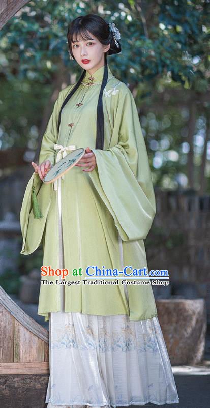 Chinese Ancient Young Lady Green Long Gown and Skirt Ming Dynasty Nobility Female Historical Costumes Traditional Hanfu Apparels Full Set