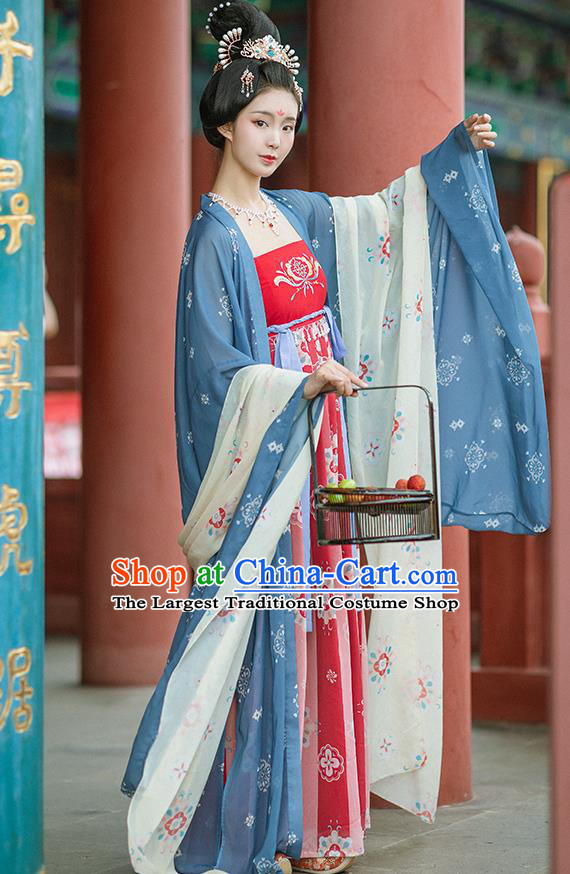 Chinese Ancient Imperial Consort Blue Wide Sleeve Cloak and Red Dress Traditional Hanfu Apparels Tang Dynasty Court Women Historical Costumes