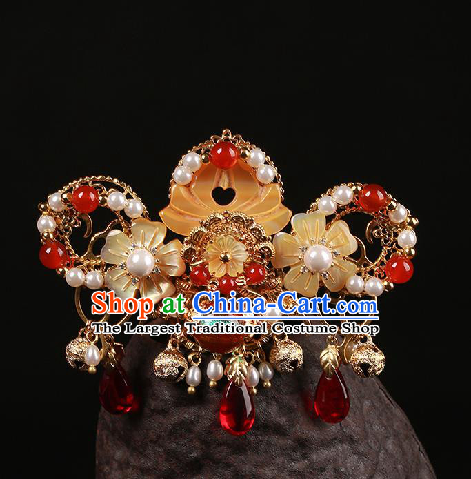 Chinese Classical Golden Bells Hair Crown Hair Accessories Handmade Ancient Court Lady Hanfu Shell Flower Hairpins for Women