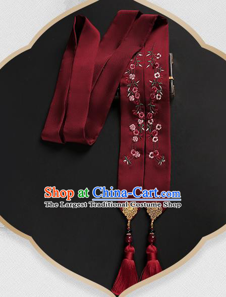 Chinese Classical Embroidered Wine Red Silk Headband Hanfu Hair Accessories Handmade Tassel Bandeau Hairlace for Women