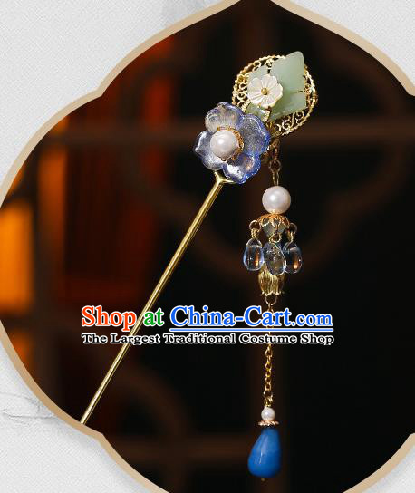 Chinese Classical Blue Flower Hair Clip Hanfu Hair Accessories Handmade Tassel Hairpins for Women