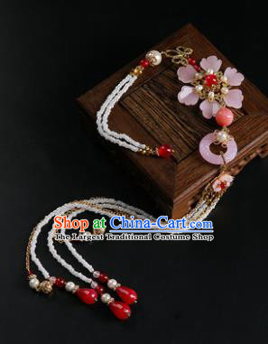 Chinese Classical Pink Flowers Jade Carving Waist Accessories Ancient Princess Hanfu Beads Tassel Belt Pendant