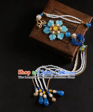 Chinese Classical Blue Flowers Jade Carving Waist Accessories Ancient Princess Hanfu Beads Tassel Belt Pendant