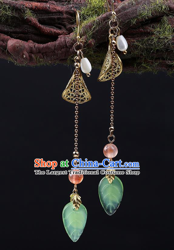 Handmade Chinese Green Leaf Ear Accessories Classical Eardrop Ancient Women Hanfu Long Tassel Earrings