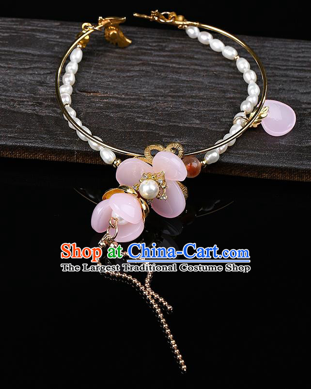 Chinese Handmade Pearls Bracelet Classical Jewelry Accessories Ancient Hanfu Pink Flower Bangle for Women