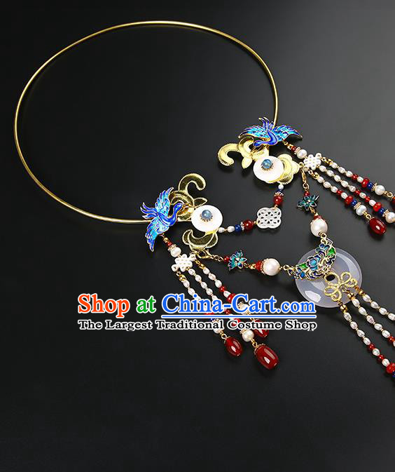 Chinese Handmade Ming Dynasty Pearls Tassel Necklet Classical Jewelry Accessories Ancient Hanfu Blueing Necklace for Women