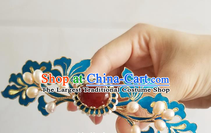 Chinese Classical Agate Hair Crown Hanfu Hair Accessories Handmade Ancient Qing Dynasty Empress Pearls Hairpins for Women