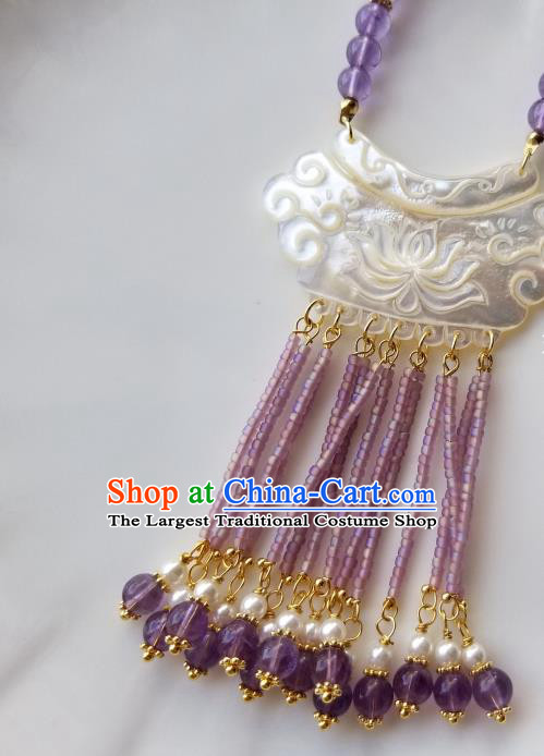 Chinese Handmade Shell Carving Lotus Necklet Classical Jewelry Accessories Ancient Hanfu Purple Beads Tassel Necklace for Women