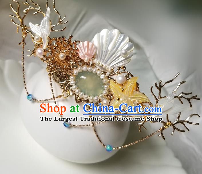 Chinese Classical Pearls Hair Crown Hanfu Hair Accessories Handmade Ancient Song Dynasty Shell Hairpins for Women
