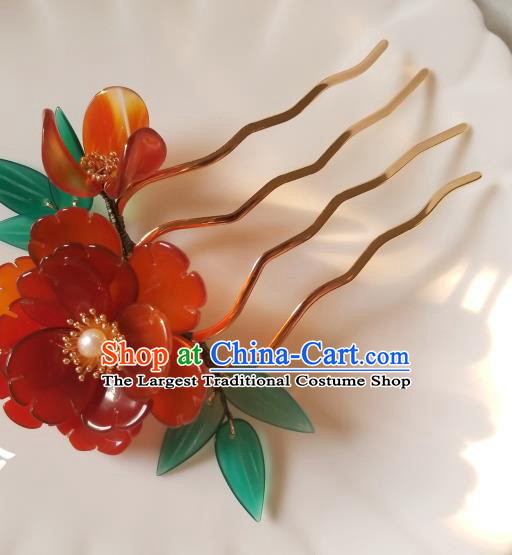 Chinese Classical Red Flower Hair Comb Hanfu Hair Accessories Handmade Ancient Queen Hairpins for Women