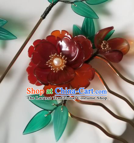 Chinese Classical Red Flower Hair Comb Hanfu Hair Accessories Handmade Ancient Queen Hairpins for Women