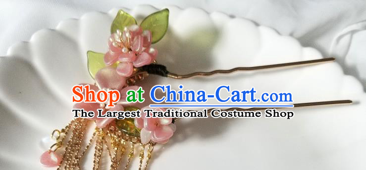 Chinese Classical Golden Tassel Hair Clip Hanfu Hair Accessories Handmade Ancient Song Dynasty Queen Pink Flowers Hairpins for Women