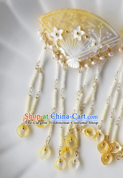 Chinese Classical Shell Fan Hair Claw Hanfu Hair Accessories Handmade Ancient Queen Beads Tassel Hairpins for Women