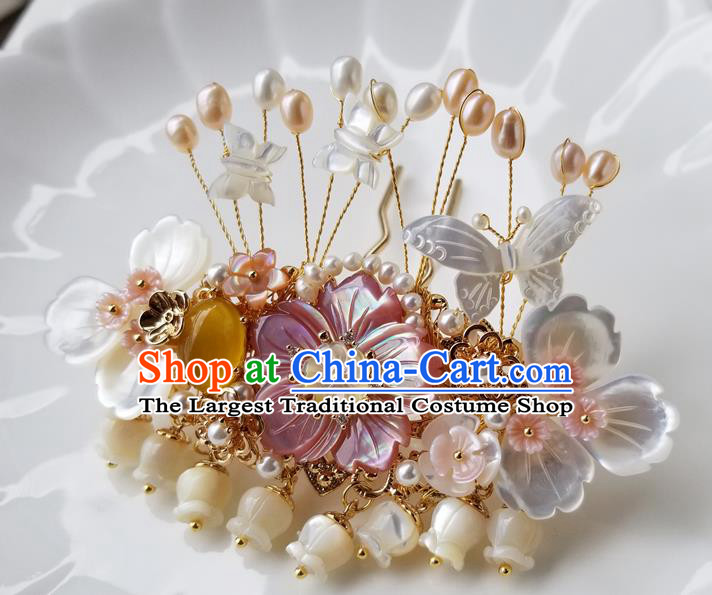 Chinese Classical Shell Butterfly Hair Clip Hanfu Hair Accessories Handmade Ancient Queen Convallaria Hairpins for Women