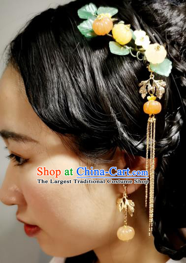 Chinese Classical Pumpkin Tassel Hair Comb Hanfu Hair Accessories Handmade Ancient Song Dynasty Princess Jade Hairpins for Women