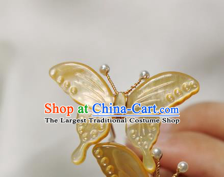 Chinese Classical Yellow Shell Butterfly Hair Stick Hanfu Hair Accessories Handmade Ancient Song Dynasty Princess Hairpins for Women
