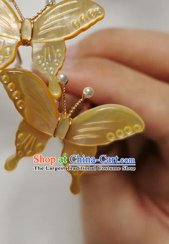 Chinese Classical Yellow Shell Butterfly Hair Stick Hanfu Hair Accessories Handmade Ancient Song Dynasty Princess Hairpins for Women