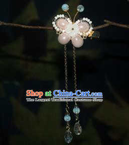 Chinese Classical Pink Pearls Butterfly Hair Sticks Hanfu Hair Accessories Handmade Ancient Princess Tassel Hair Claws for Women