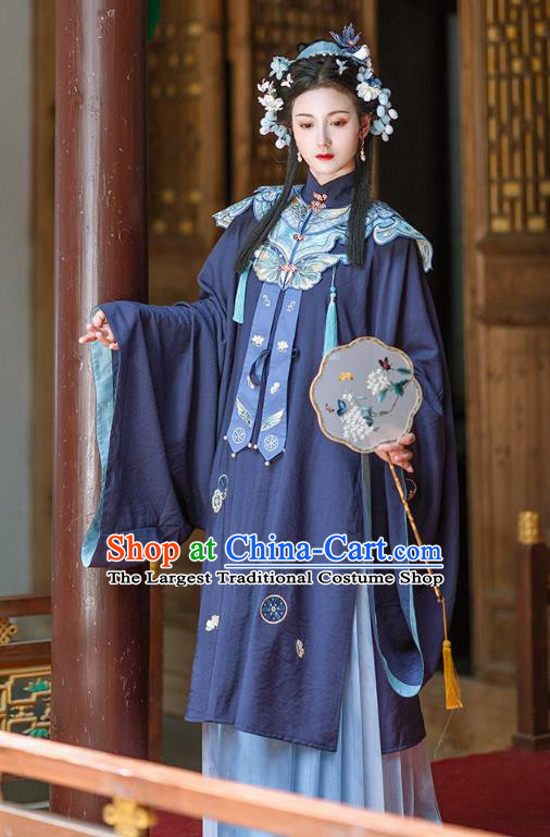 Chinese Ancient Ming Dynasty Royal Princess Navy Gown and Skirt Traditional Hanfu Apparels Historical Costumes for Rich Women