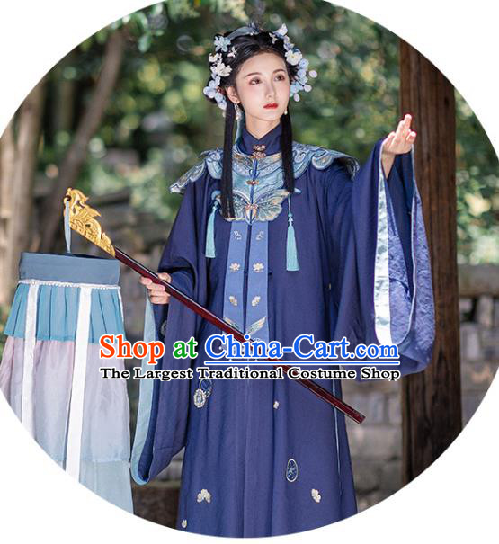 Chinese Ancient Ming Dynasty Royal Princess Navy Gown and Skirt Traditional Hanfu Apparels Historical Costumes for Rich Women