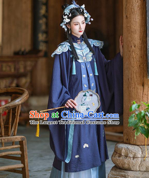 Chinese Ancient Ming Dynasty Royal Princess Navy Gown and Skirt Traditional Hanfu Apparels Historical Costumes for Rich Women