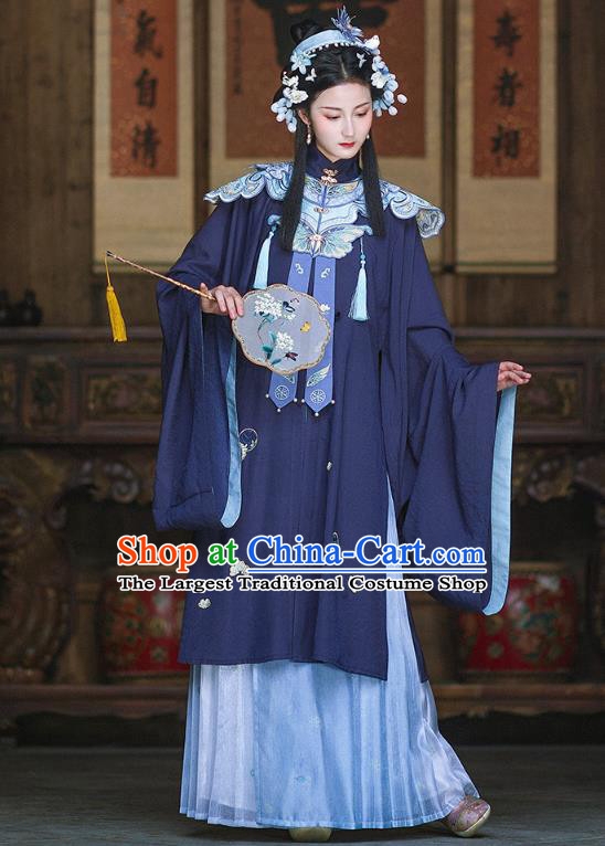 Chinese Ancient Ming Dynasty Royal Princess Navy Gown and Skirt Traditional Hanfu Apparels Historical Costumes for Rich Women