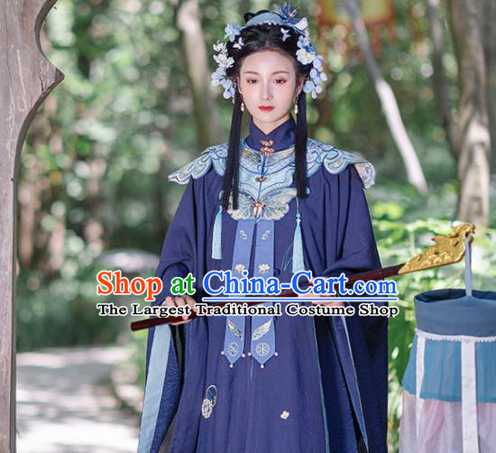 Chinese Ancient Ming Dynasty Royal Princess Navy Gown and Skirt Traditional Hanfu Apparels Historical Costumes for Rich Women