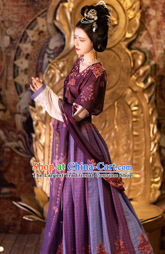 Chinese Ancient Goddess Purple Hanfu Dress Traditional Tang Dynasty Flying Apsaras Dance Half Sleeved Garment Blouse and Skirt Costumes