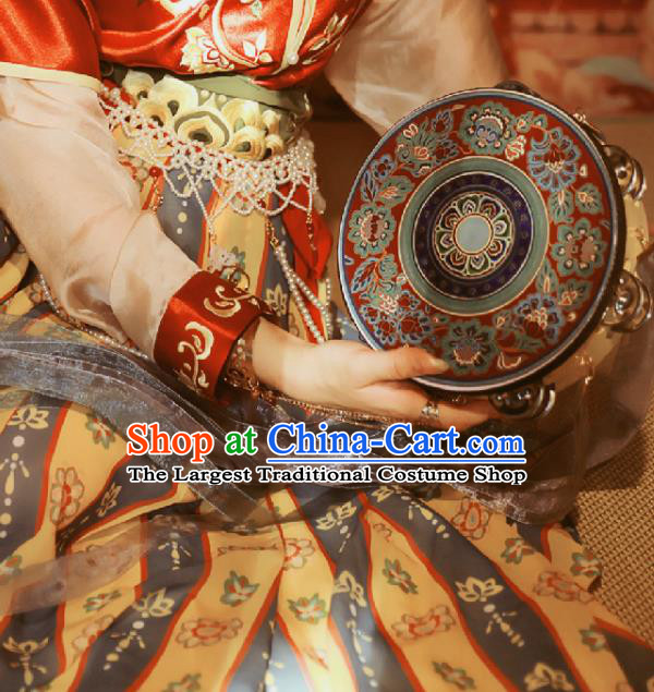 Chinese Classical Dance Drum Ancient Tang Dynasty Tabour Blue Ribbon Bells Tambourine