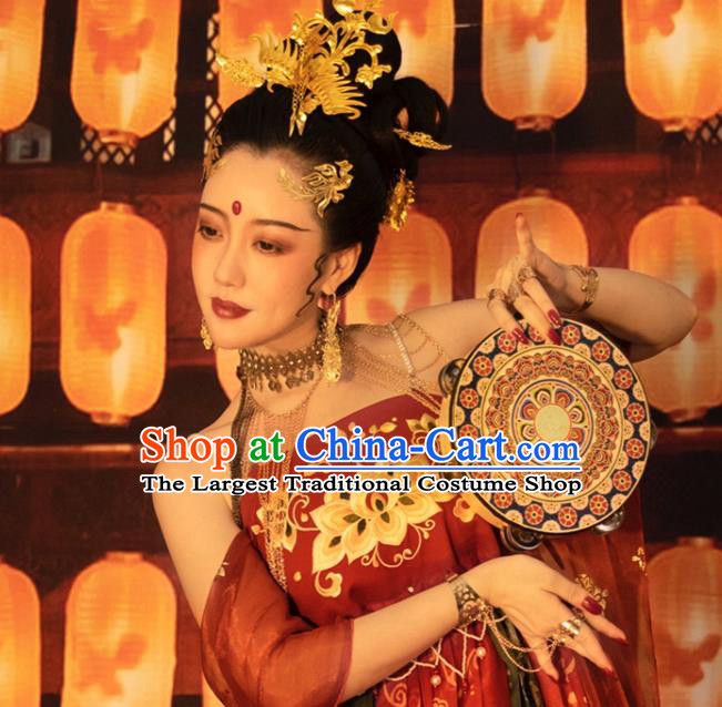 Chinese Classical Dance Drum Ancient Tang Dynasty Tabour Blue Ribbon Bells Tambourine
