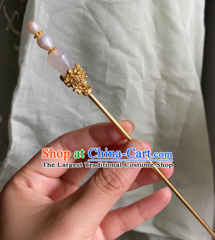 Chinese Ancient Court Empress Pink Chalcedony Hairpin Handmade Hanfu Hair Accessories Pearls Golden Hair Clip