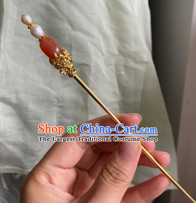 Chinese Ancient Court Agate Hairpin Handmade Hanfu Hair Accessories Qing Dynasty Pearls Hair Clip