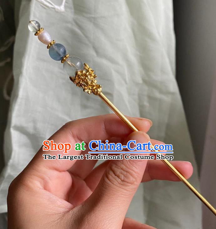 Chinese Ancient Court Blue Beads Hairpin Handmade Hanfu Hair Accessories Qing Dynasty Golden Hair Clip