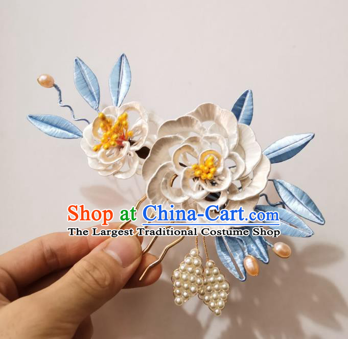 Chinese Classical Ancient Princess White Silk Peony Hair Comb Women Hanfu Hair Accessories Handmade Qing Dynasty Pearls Hairpin