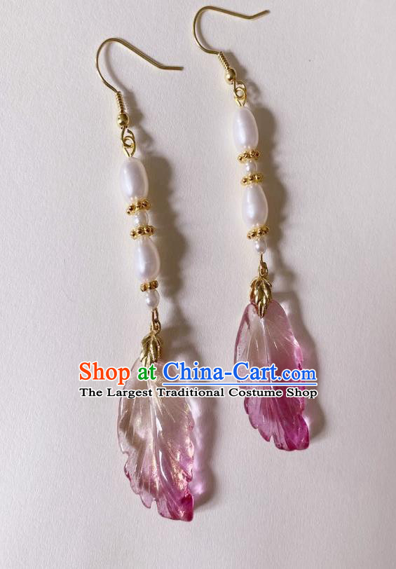 Handmade Chinese Classical Cheongsam Pearls Lotus Ear Accessories Eardrop Ancient Hanfu Rosy Leaf Earrings