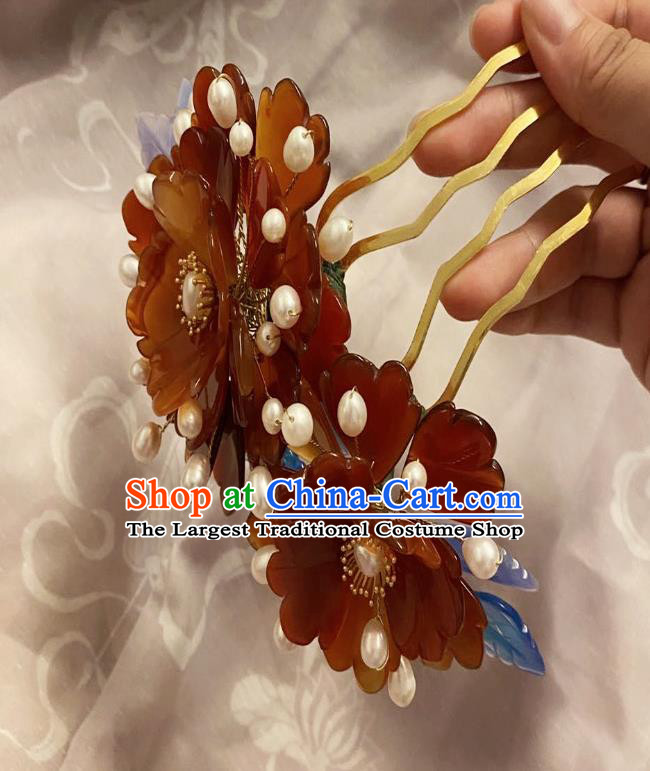 Chinese Classical Agate Peony Hair Comb Handmade Ancient Song Dynasty Pearls Hairpin Women Hanfu Hair Accessories