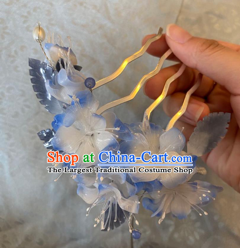 Chinese Women Classical Hairpin Handmade Ancient Princess Hanfu Hair Accessories Blue Flowers Hair Comb