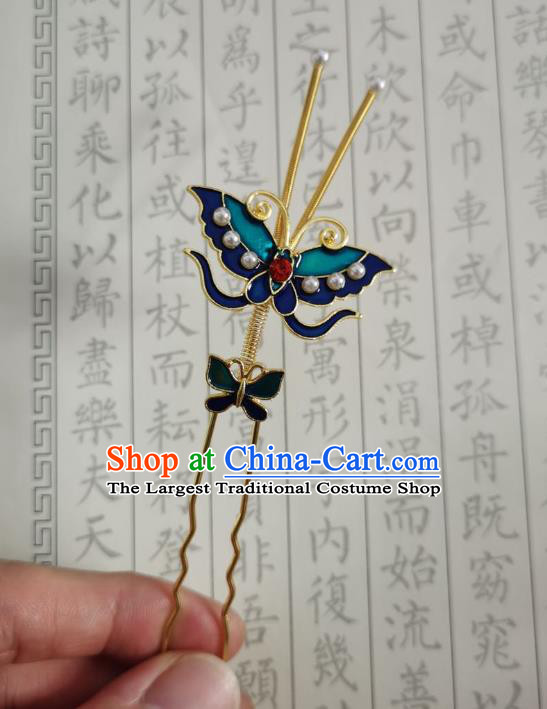 Chinese Women Classical Ming Dynasty Blueing Butterfly Hairpin Handmade Ancient Princess Hanfu Hair Accessories Hair Clip