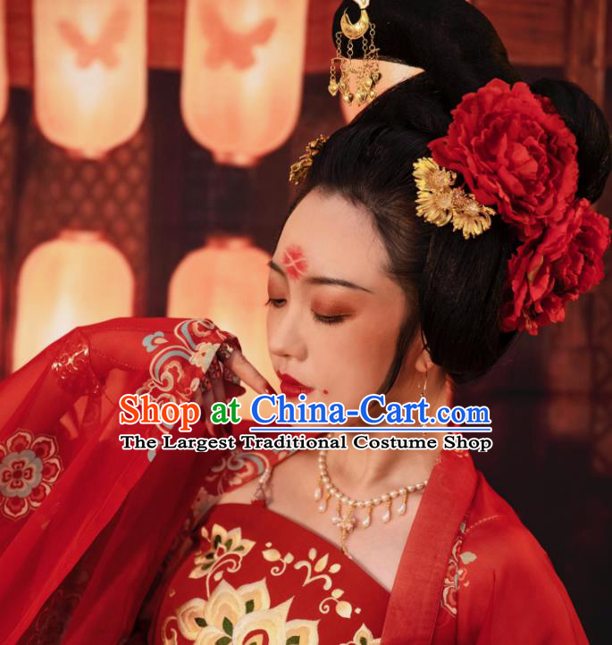 Chinese Women Classical Tang Dynasty Red Peony Hairpin Handmade Ancient Princess Hanfu Hair Accessories Hair Clips Complete Set