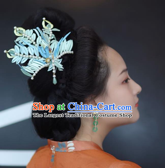 Chinese Ming Dynasty Pearls Hairpin Handmade Classical Ancient Empress Hanfu Hair Accessories Court Women Blue Silk Phoenix Hair Crown