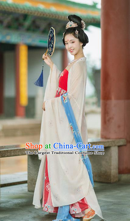 Chinese Ancient Court Princess Hanfu Dress Traditional Apparels Tang Dynasty Garment Beige Cloak and Red Dress Costumes