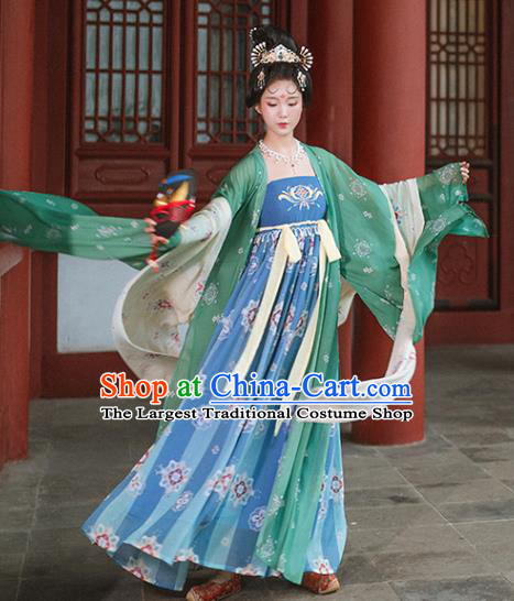 Chinese Ancient Imperial Concubine Hanfu Dress Traditional Apparels Costumes Tang Dynasty Court Lady Garment Green Cloak and Blue Dress